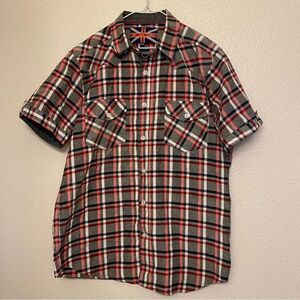 FOR HIM LONDON Union Jack Label casual Button Up Plaid Slim Fit Shirt -M